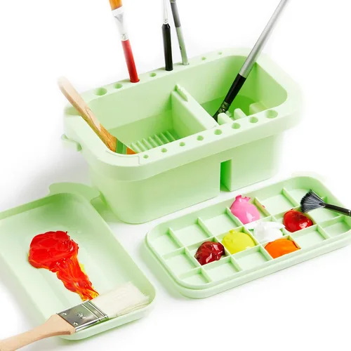 Vista 13 de SEVENY Limpiador de pinceles, soporte y organizador con paleta, azul Bandejas y Enjuagador Incluido, Para Pintura Acrílica, Para Pinturas De