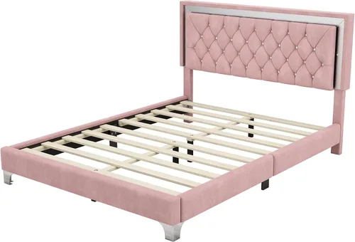 Vista 5 de Juego de muebles de dormitorio de 3 piezas, cama de plataforma tapizada tamaño Queen con luces LED y 2 mesitas de noche, cama de plataforma