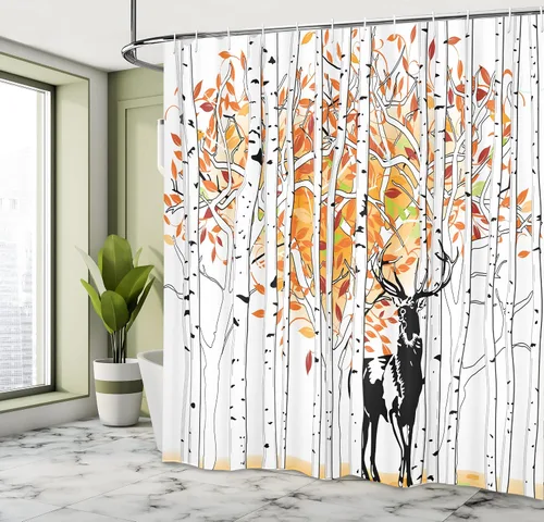 Vista 4 de Ambesonne Cortina de ducha de ciervos, ciervos en el bosque, colores otoñales, árboles, follaje, arte estacional, tela de tela, juego de decoración