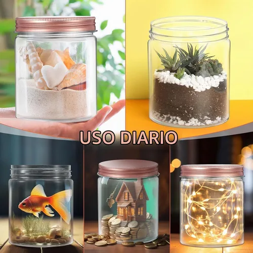 Vista 6 de Hushee 24 tarros de plástico de 8 onzas con tapas, tarros redondos transparentes para alimentos con tapas de oro rosa, tarros de plástico apilables