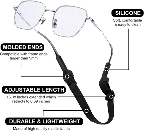 Vista 6 de 18 correas para lentes de sol para niños y niñas, ajustable, sin cola, soporte para lentes de sol de 6.69 a 13.38 pulgadas