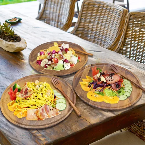 Vista 3 de Platos de madera, platos llanos de madera, reutilizables, hechos a mano, juego de cubiertos de madera natural para cocinar, comer, inauguración
