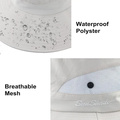 Vista 5 de Sombrero de verano para mujer, ala ancha, protección UV, plegable, para cola de caballo, para playa, pesca, senderismo Beige