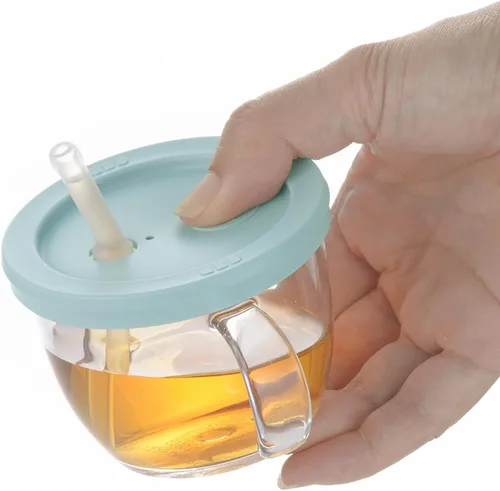 Vista 2 de Push Flow - Vaso para sorber de entrenamiento con popote de silicona y asas, 5 onzas, para bebé de 6 meses + azul claro