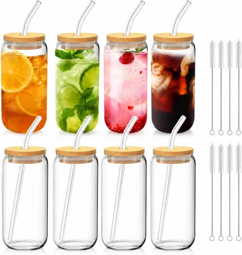 Vista 10 de Tazas de vidrio con tapas y pajitas de 16 onzas, set de 16 – Tazas de café helado para fiestas navideñas, reuniones familiares y anfitrionaje diario