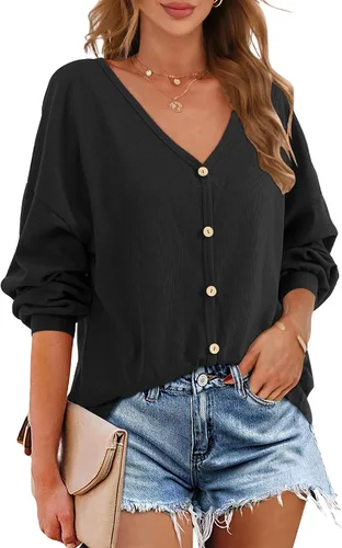 Vista 4 de Beluring Women's Shirts V Neck Long Sleeve Waffle Knit Button Up Tunic Tops Blouse