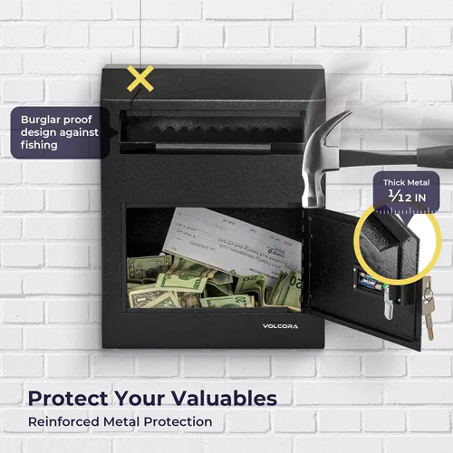 Vista 3 de Volcora Caja de llaves con cerradura, caja de depósito con ranura de caída, caja fuerte de dinero con teclado digital, caja fuerte para negocios