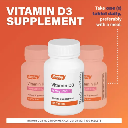 Vista 2 de Rugby Vitamina D3, 25 mcg (1,000 UI) - Suplemento dietético - 100 tabletas (1 paquete)