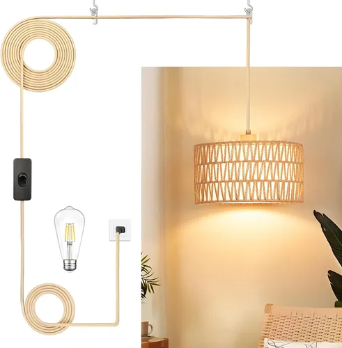 Vista 10 de Luz Colgante Enchufable, Lámpara Colgante con Cable Enchufable, Luces Colgantes Rústicas de Granja con Bombilla Regulable de 3 Vías, Accesorios