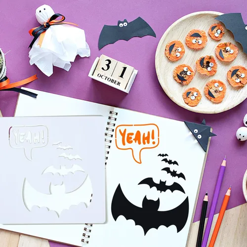 Vista 4 de Zonon 27 plantillas de pintura de Halloween, plantillas de plástico, plantillas de expresión de calabaza reutilizables, plantillas de dibujo