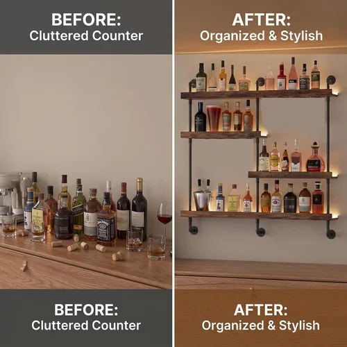 Vista 5 de Estante de vino de pared de 4 niveles con LED, estantes de barra