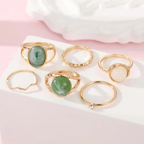Vista 7 de Juego de 6 anillos de diamantes de imitación dorados y verdes para mujer, anillo de piedra preciosa natural, anillo de buena suerte, anillos verdes