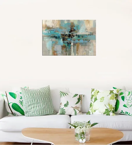 Vista 7 de DZL Art A74769 - Impresiones en lienzo abstractas para pared, pinturas artísticas azules y marrones, lienzo estirado de madera, enmarcado para sala