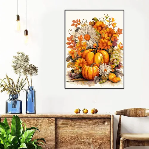Vista 4 de Meothan Kits de pintura por números para adultos enmarcados, pintura de otoño por números para adultos principiantes, kits de pintura de calabaza