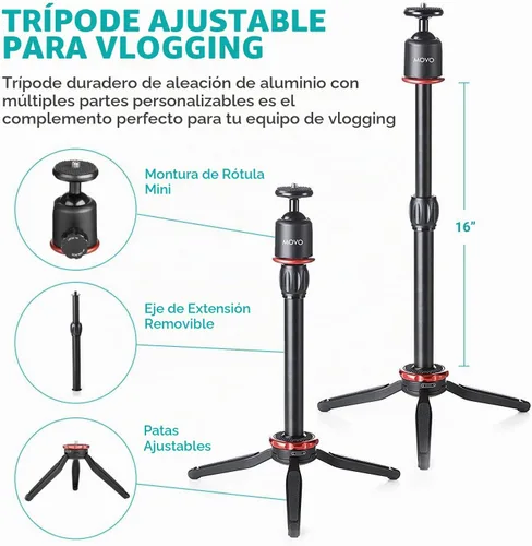 Vista 2 de Movo VXR10+ - Kit de vlogging para teléfono inteligente con mini trípode, agarre para teléfono y micrófono de video compatible con iPhone y Android