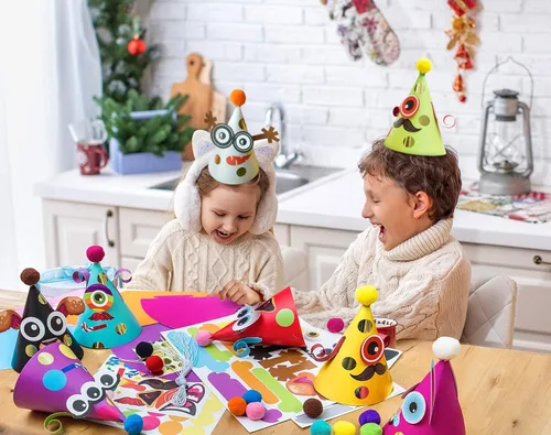 Vista 5 de Sombreros de fiesta de Glittery Garden para niños, arte y manualidades. Divertido kit de actividades de cumpleaños con pegatinas. Adorno de fiesta