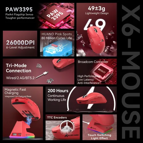 Vista 3 de ATTACK SHARK X6 Ratón Inalámbrico Ligero para Juegos con Base de Carga de Retroiluminación RGB, Tri-Modo Cableado/2.4GHz/BT5.2, 26K DPI, Sensor