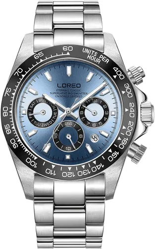 Vista 14 de LOREO Reloj Automático para Hombre de Acero Inoxidable Plateado con Cristal de Zafiro, Bisel de Cerámica, Fecha, Militar, de Buceo, Impermeable Negro