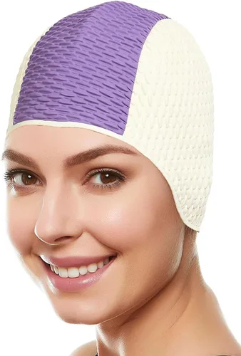 Vista 13 de BeeMo Gorro de Natación de Látex para Mujeres - Gorro de Natación de Goma - Suave Cómodo Elástico Elegante Diseño de Corte Bajo Protege el Cabello