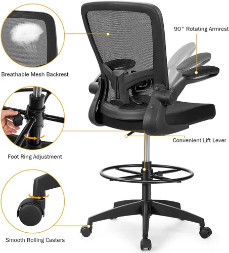 Vista 8 de GIANTEX Juego de 2 sillas de dibujo, sillas altas de oficina para Negro