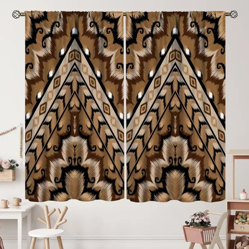 Vista 102 de Cortinas con patrón geométrico tribal, estilo suroeste, azteca, rústico, occidental, nativo americano, opacas, con bolsillo para barra, decoración