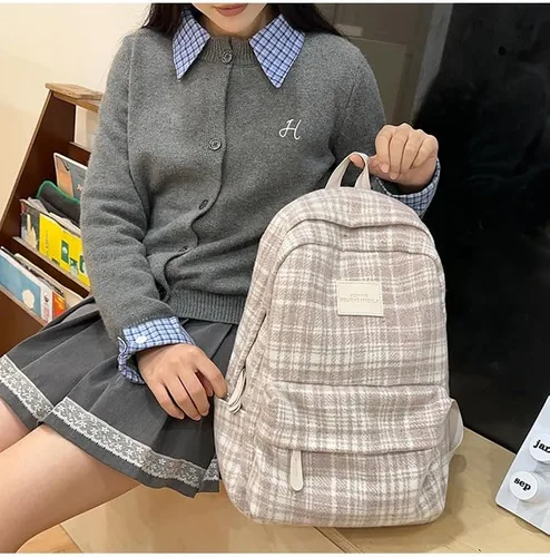Vista 4 de Bonita mochila de pana para el hombro, mochila Y2k vintage para laptop para mujeres y hombres, mochila grande de viaje para uso diario, Beige