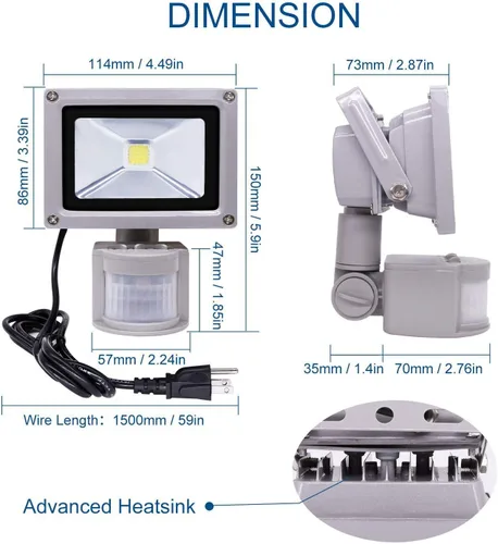 Vista 2 de Luces de inundación con sensor de movimiento al aire libre, lámpara LED de inducción de 10 W, foco impermeable IP65, 6500 K luz de sensor LED, luz