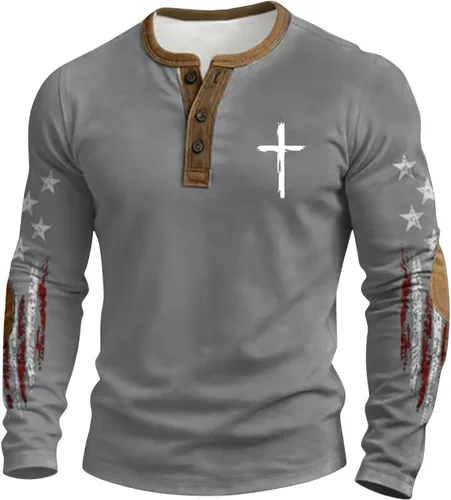 Vista 4 de Camisa Henley con la bandera estadounidense para hombre, cuello en V, manga larga, con estampado de Jesús, camiseta patriótica casual con botones
