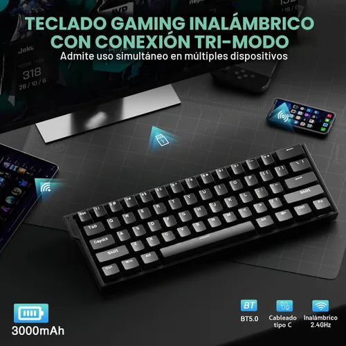Vista 5 de Aula MINI60 HE Teclado inalámbrico para juegos 60%, teclado magnético de disparo rápido efecto Hall, sondeo de 8000 Hz, triple modo Negro