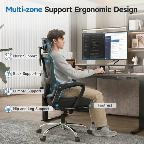 Vista 5 de Silla de oficina ergonómica con reposapiés, silla de oficina Negro