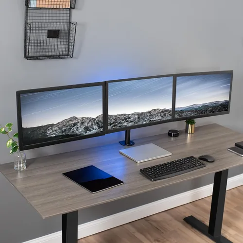 Vista 2 de VIVO Soporte de escritorio ajustable para monitor triple, soporte articulado, capacidad para 3 pantallas de hasta 24 pulgadas, negro, STAND-V003Y