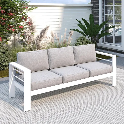 Vista 31 de Solaste Sofá de aluminio para patio con mesa auxiliar, juego de 3 muebles de patio con cojines, sofá de exterior para todo tipo de clima