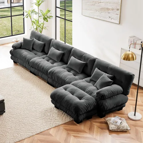 Vista 95 de Otomana beige para sofá modular modular, sofá individual, asiento otomano para sofá modular convertible, sofás de terciopelo para sala de estar