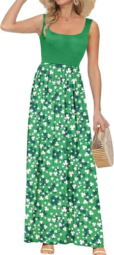 Vista 25 de AUSELILY Vestido largo con cuello cuadrado para mujer, sin mangas, floral, holgado, con bolsillos