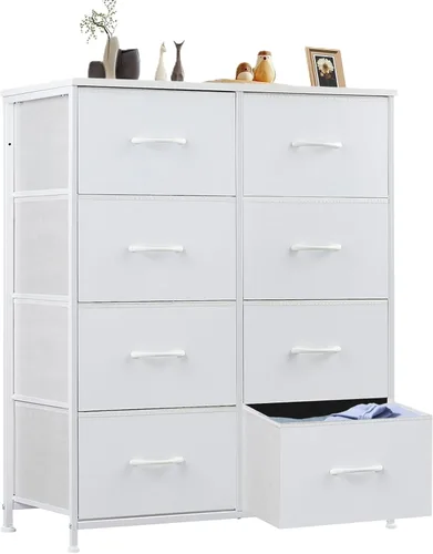 Vista 39 de Sweetcrispy Cómoda para dormitorio, cómoda de tela con 8 cajones, cómoda para armario, sala de estar, marco de acero resistente, parte superior