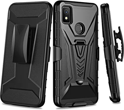 Vista 2 de Funda para Cricket Icon 4 con clip para cinturón de funda híbrida a prueba de golpes con soporte y pantalla de vidrio templado (negro)