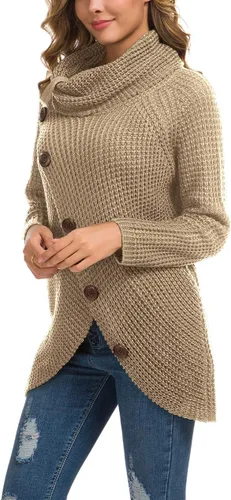 Vista 2 de GRECERELLE - Suéter de color sólido, sin botones funcionales, grueso, con botones decorativos para mujer, suéter de punto con cuello alto