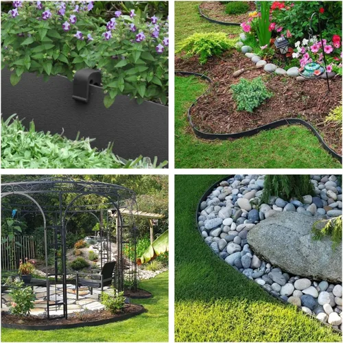 Vista 2 de Borde de jardín de plástico negro, bobina de borde de 5 pulgadas de alto, flexible y reforzado con tratamiento anti-UV (20 pies con 6 estacas)