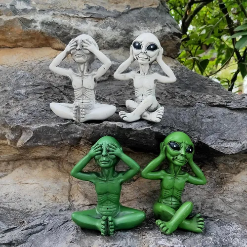 Vista 7 de Estatua de alienígena, resina para escuchar/ver/hablar sin sabio malvado, 3 piezas Hear No Evil See No Evil Speak No Evil Alien Statue, Sci-fi