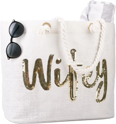 Vista 2 de ELEGANTPARK Bolsa de yute con bolsillo interior de lentejuelas doradas, regalo para novia, luna de miel, boda, playa, bolsa de yute con lentejuelas