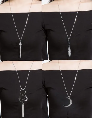 Vista 4 de Ofeiyaa 10 piezas de collar largo con colgante simple de luna, tres triángulos, borla con cierre en forma de Y, gargantilla de cadena punk