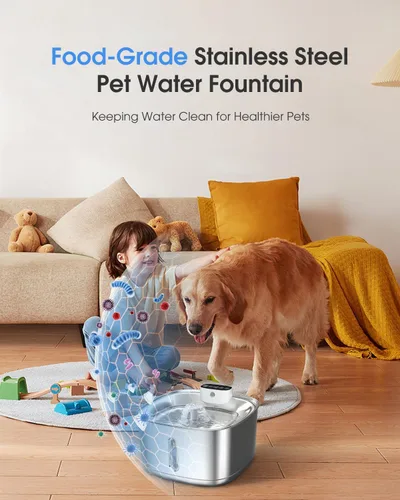 Vista 2 de Fuente de agua inalámbrica para gatos de acero inoxidable, fuente de agua inteligente para mascotas, 3.2L/108 onzas con filtros y 2 cabezales