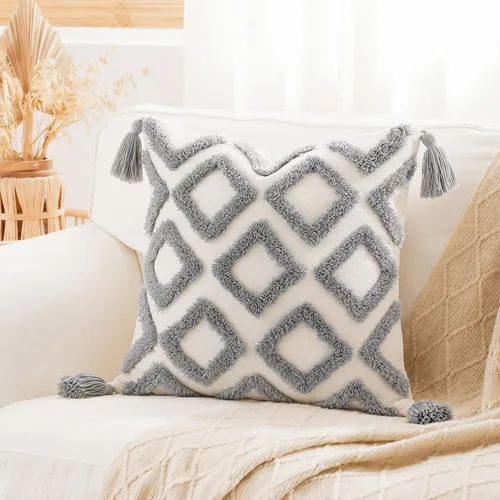 Vista 2 de PANOD - Juego de 2 fundas de cojín decorativas de estilo granja, súper suaves, con patrón de diamante sólido, con penachos y borlas, modernas Gris