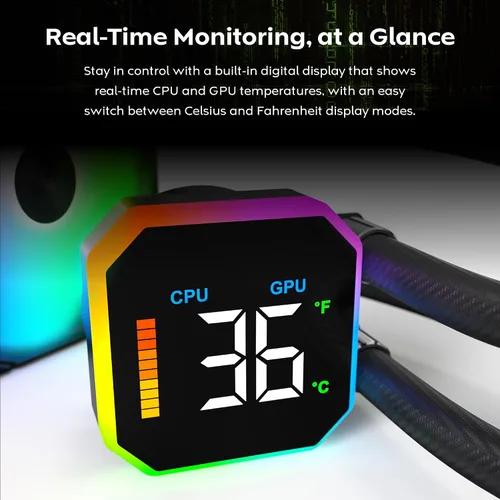 Vista 2 de MONTECH HyperFlow Digital 240 - Enfriador líquido de CPU, AIO de 9.449 in con bomba de 3100 RPM, 2 ventiladores E28 ARGB de 4.724 in, pantalla