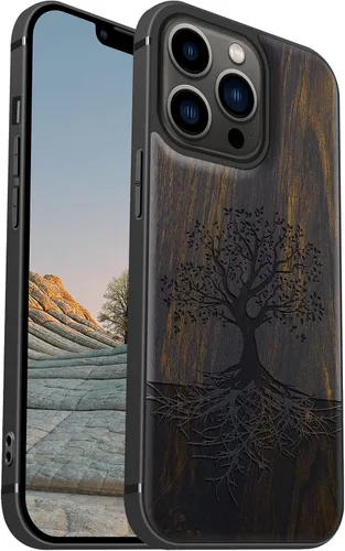Vista 10 de Carveit Funda magnética de madera para iPhone 13 [madera real dura y TPU suave negro] funda protectora de madera única y elegante a prueba de golpes