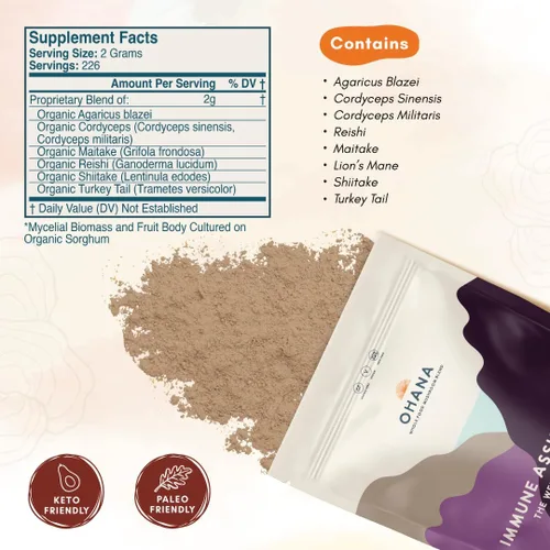 Vista 12 de Ohana Immune Assist Blend, polvo orgánico de hongos integrales USDA, mezcla de 8 hongos cultivados en Estados Unidos, ideal para energía, inmunidad