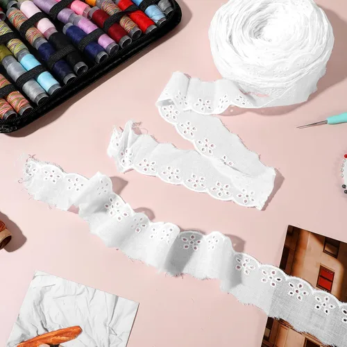 Vista 4 de Cinta de encaje de algodón blanco de 15 yardas, borde ondulado, bordados florales con volantes para coser vestidos, ropa, bolsas, muñecas, ropa