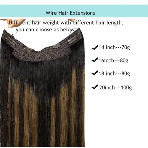 Vista 2 de Extensiones de cabello con alambre negro, extensiones de cabello balayage, extensiones de cabello con alambre de cabello humano, 14 pulgadas 70 g