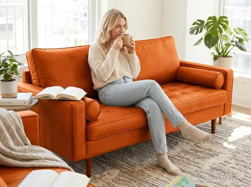 Vista 70 de Container Furniture - Sofá de piel sintética para la sala de estar moderna con cojines extraíbles y patas de madera maciza, sofá estilo lujoso