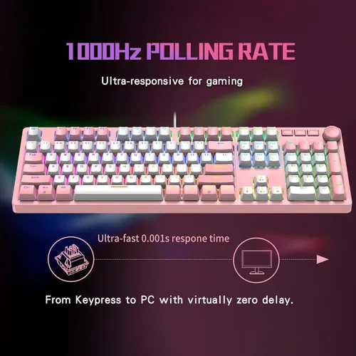 Vista 3 de FOXXRAY HKM-95 Teclado mecánico con cable para juegos, retroiluminado RGB de tamaño completo con perilla de control de medios, interruptores azules